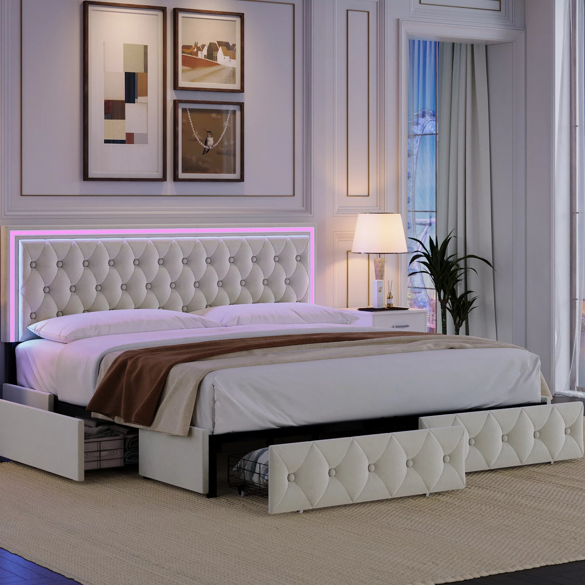 Queen LED Platform Bed Frame with 4 Storage Drawers Q190731