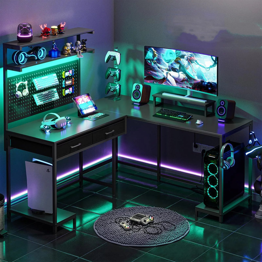 Black L Shaped Desk with LED Lights and Storage Shelves G476