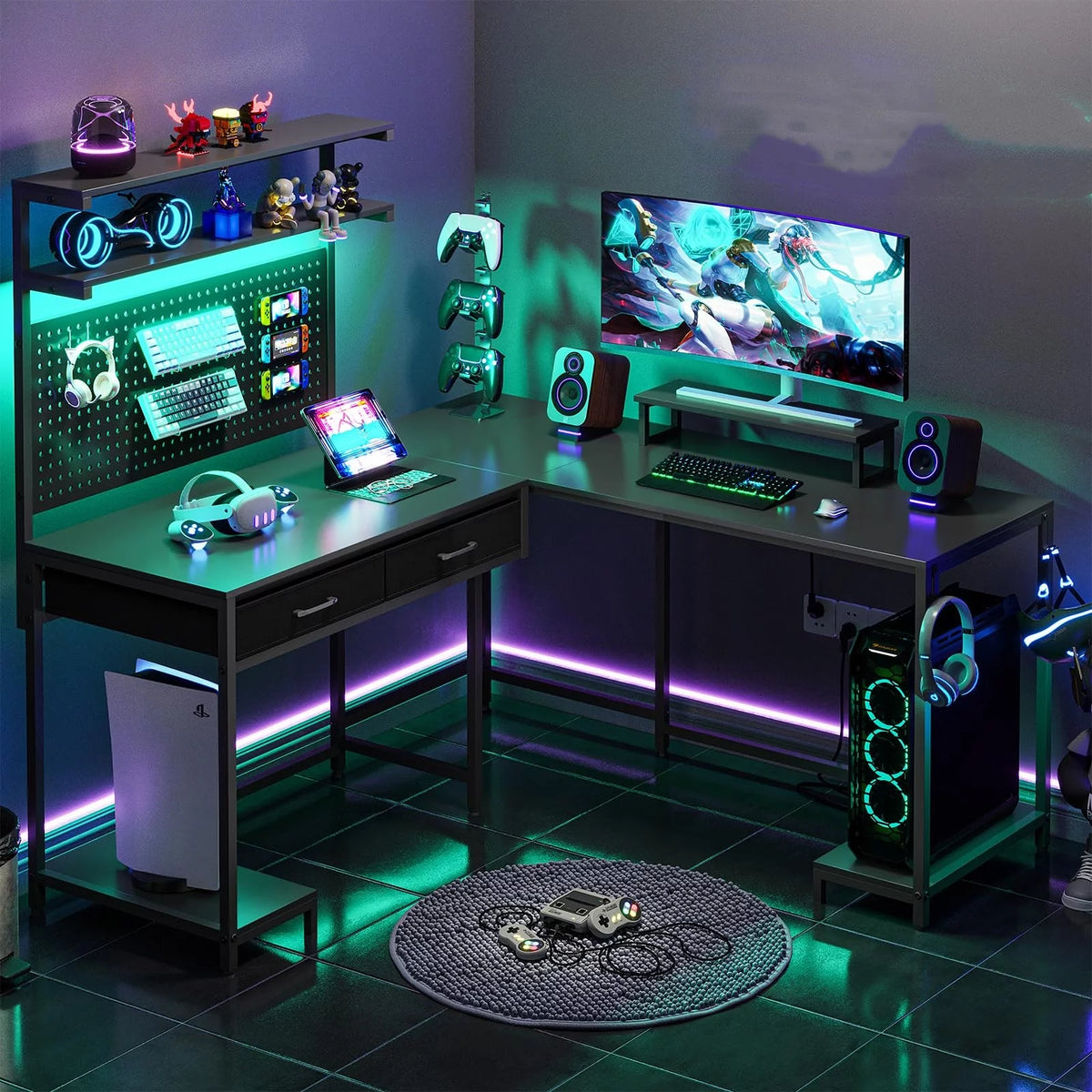 Black L Shaped Desk with LED Lights and Storage Shelves G476