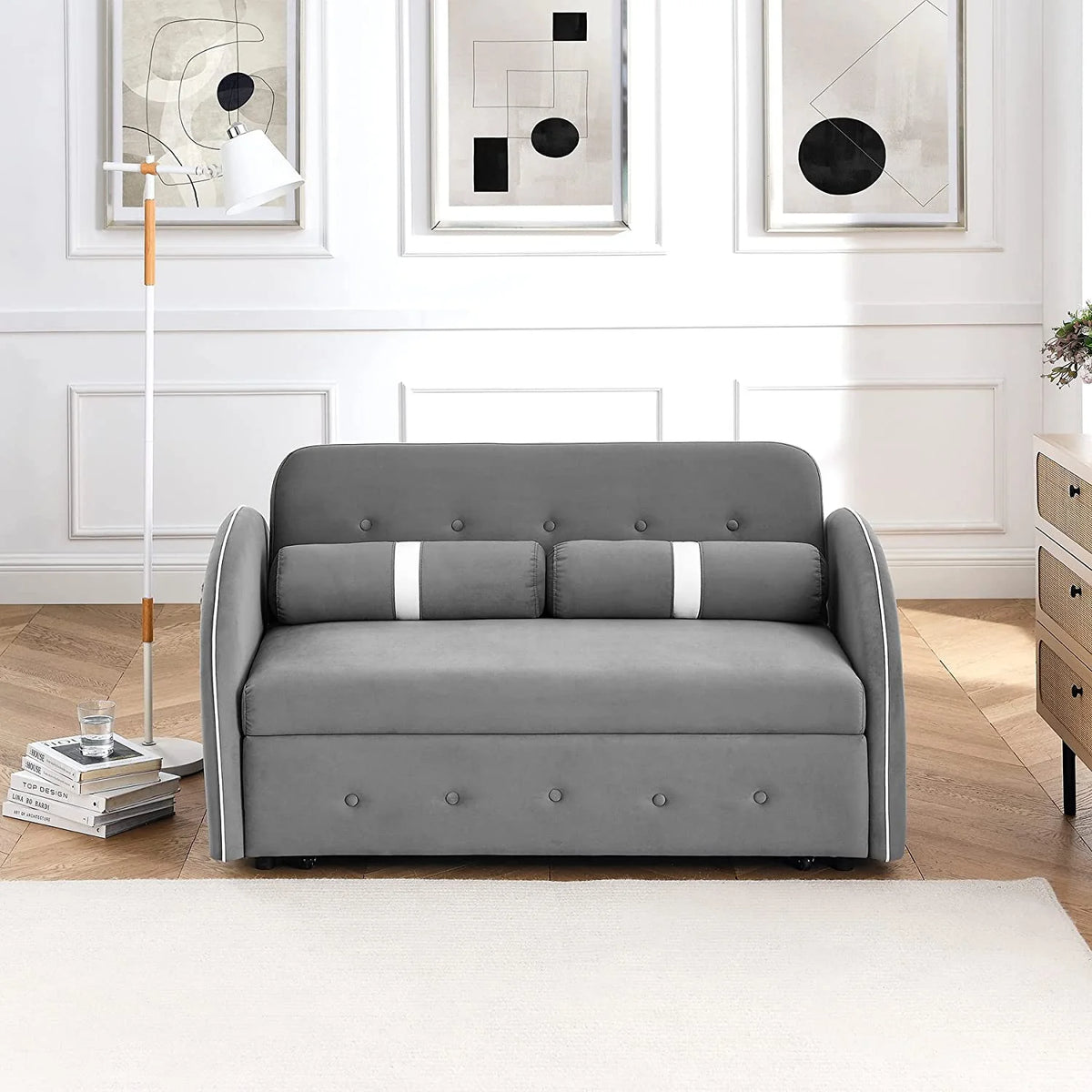 Grey Velvet Convertible Sleeper Sofa Bed with Lumbar Pillows F16199