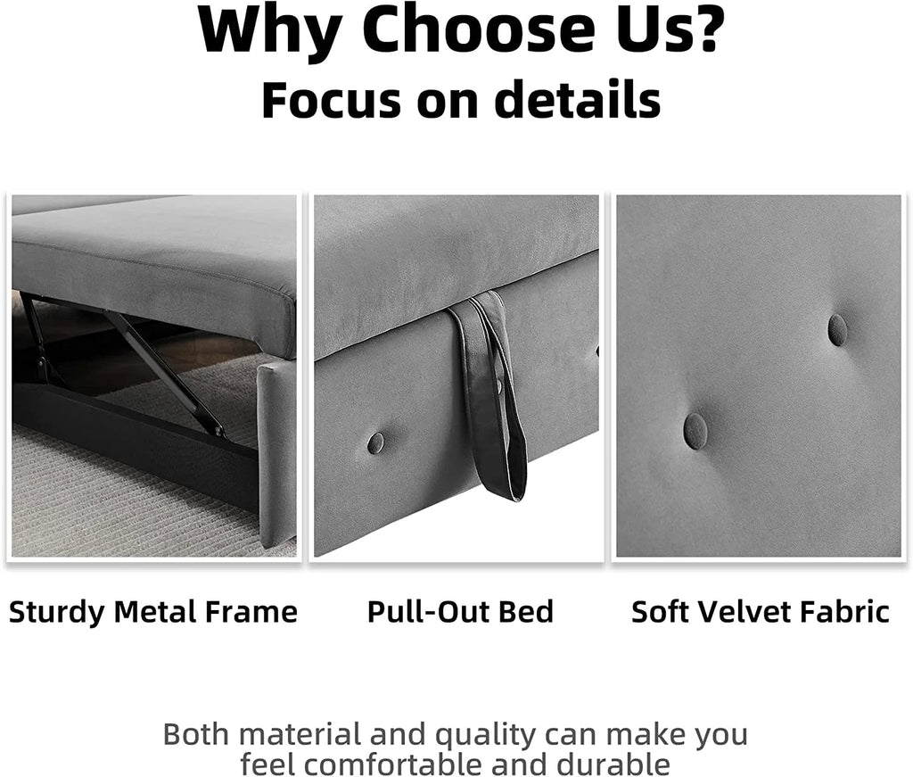 Grey Velvet Convertible Sleeper Sofa Bed with Lumbar Pillows F16199