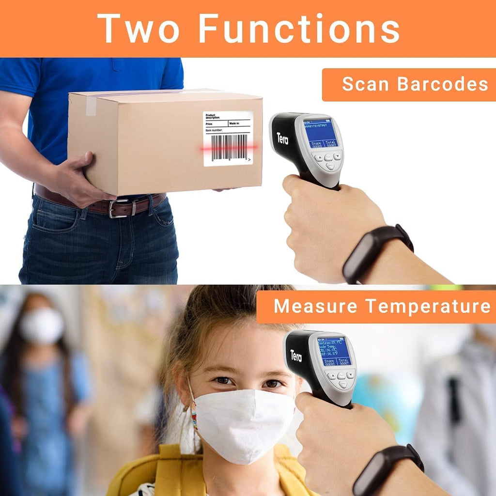 Tera Barcode Scanner Temperature Thermometer 2D QR 1D Cordless Bar Code Reader with Digital Display Screen, Compatible with Bluetooth 2.4Ghz Wireless USB Wired Pack of 2 J3384