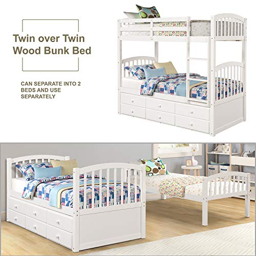 White Twin Bunk Bed with Ladder, Safety Rail and Trundle F39568