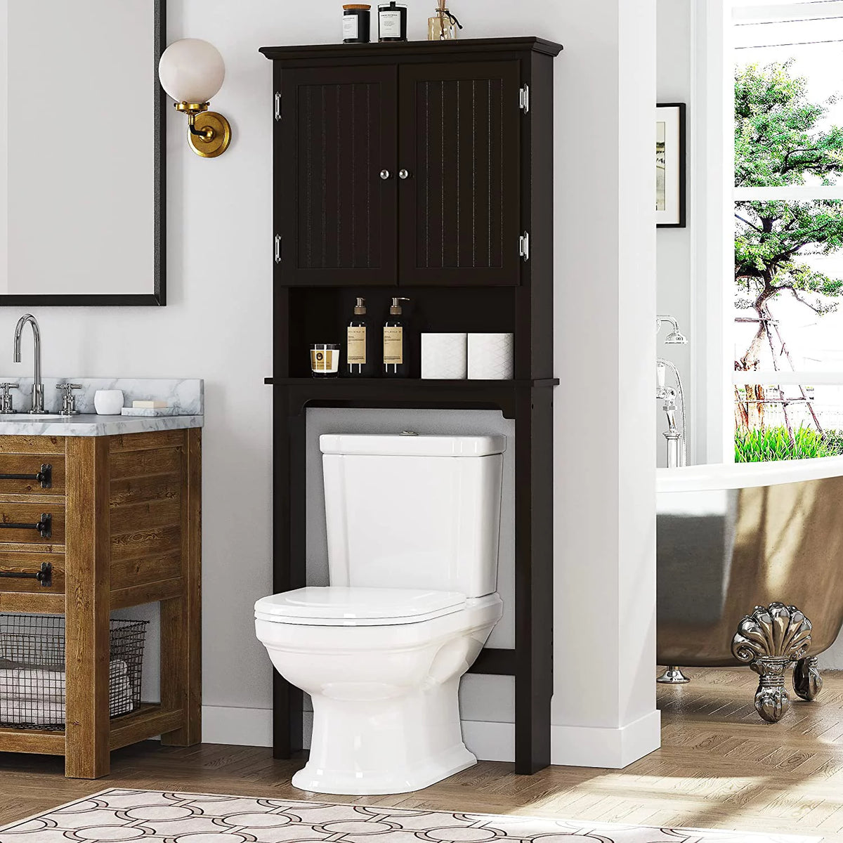 Bathroom Storage Over The Toilet Cabinet with Adjustable Shelves and Double Doors J526