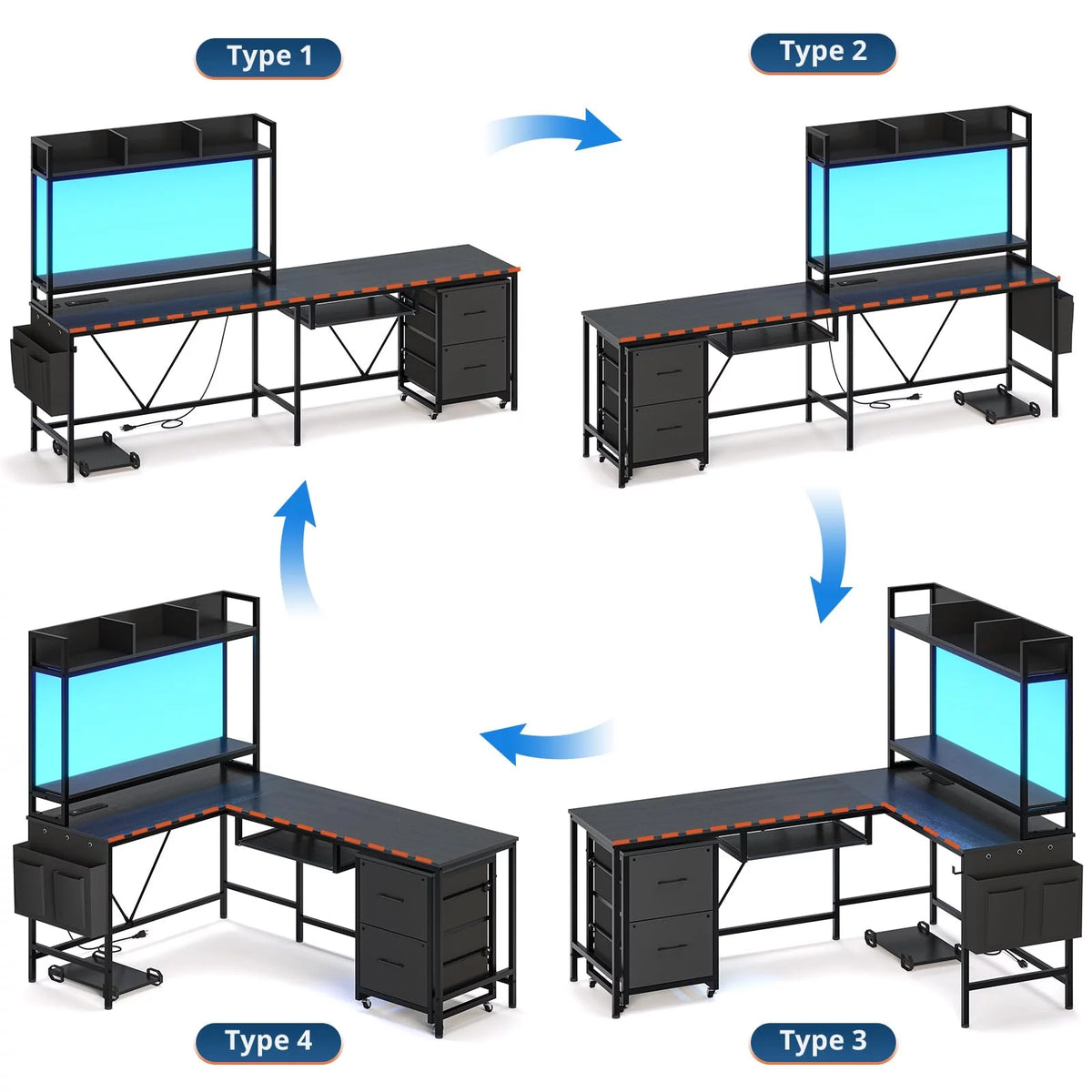 L Shaped Computer Desk with Power Outlet and LED Strip, Black S57414