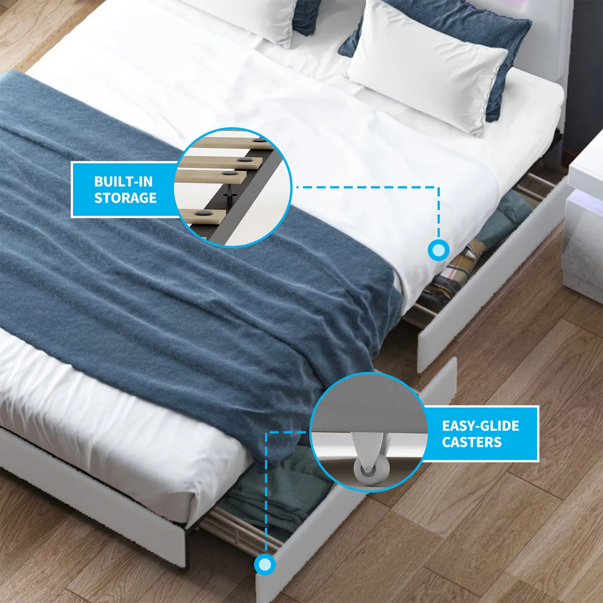 King Bed Frame with 4 Storage Drawers, Adjustable Headboard, White U108