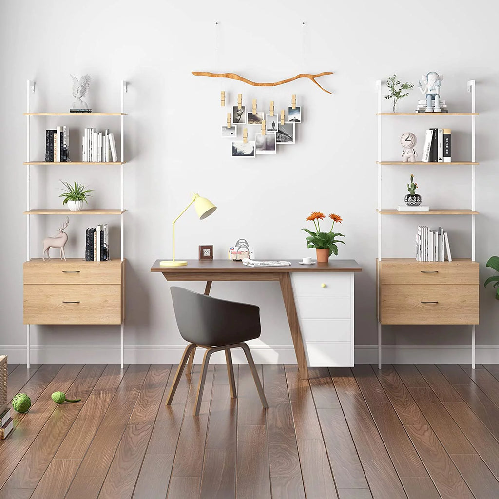 Wood Bookshelf with Drawers and Steel Frame M79841