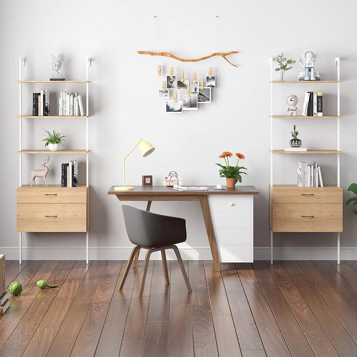 Wood Bookshelf with Drawers and Steel Frame M79841
