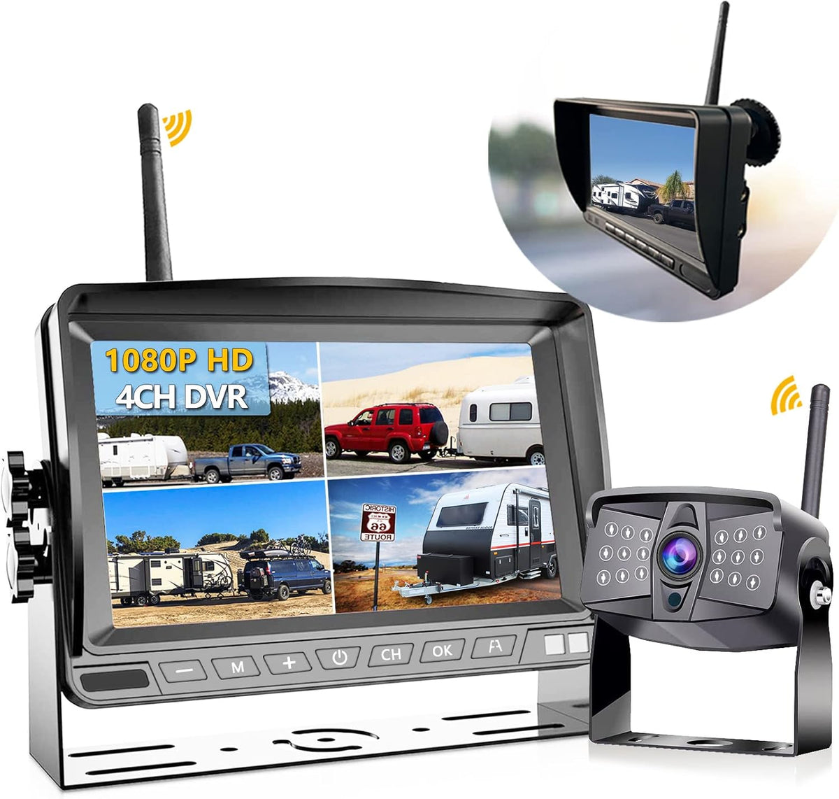 Wireless 1080P RV Backup Camera with 7'' DVR 4 Split Screen Monitor Y474067