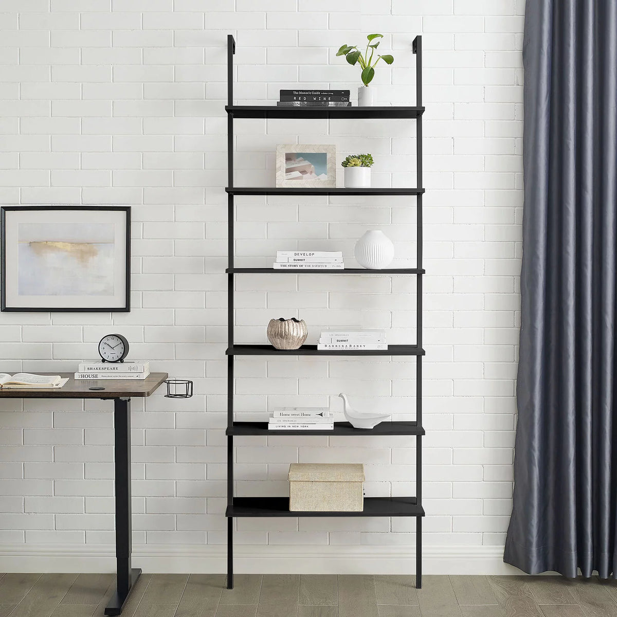 White 6-shelf Wood Wall-Mounted Bookshelf G954
