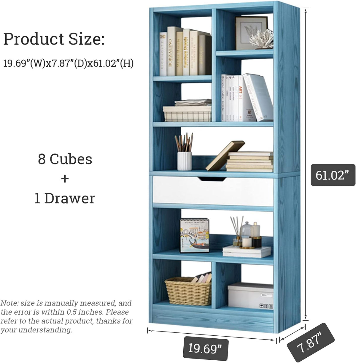 Bright Blue 8 Cubes Wooden Bookcase with Drawer J61506