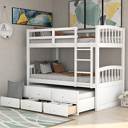 White Twin Bunk Bed with Ladder, Safety Rail and Trundle F39568