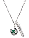 Silvertone Horseshoe Four Leaf Clover Mother Daughter Bar Charm Necklace, 23" X9702