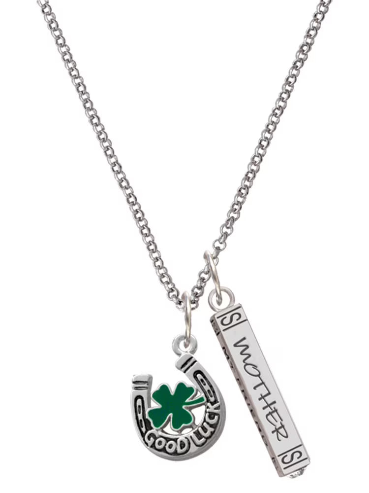 Silvertone Horseshoe Four Leaf Clover Mother Daughter Bar Charm Necklace, 23" X9702