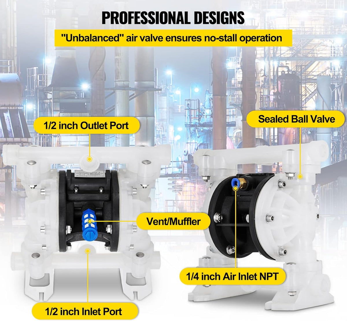 1/2 inch Air-Operated Double Diaphragm Pump 7GPM Max Flow Pneumatic Nitrile 100PSI A467
