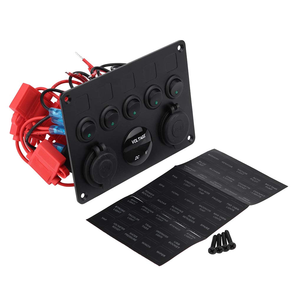 5 Gang Rocker Switch Panel 12-24V On/Off Dual USB Charger Port Digital Voltmeter Display Green LED Pack of 2 K2642