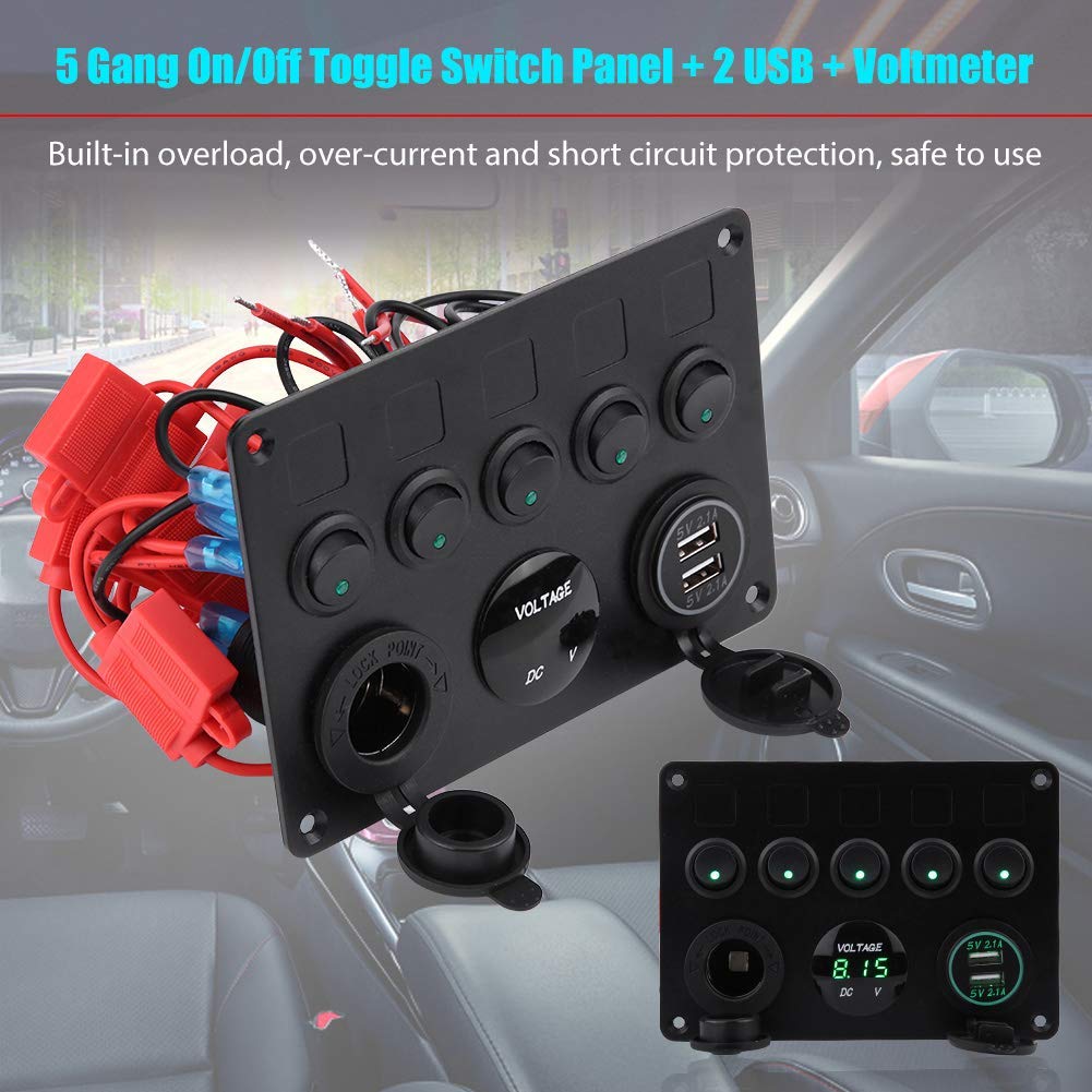 5 Gang Rocker Switch Panel 12-24V On/Off Dual USB Charger Port Digital Voltmeter Display Green LED Pack of 2 K2642
