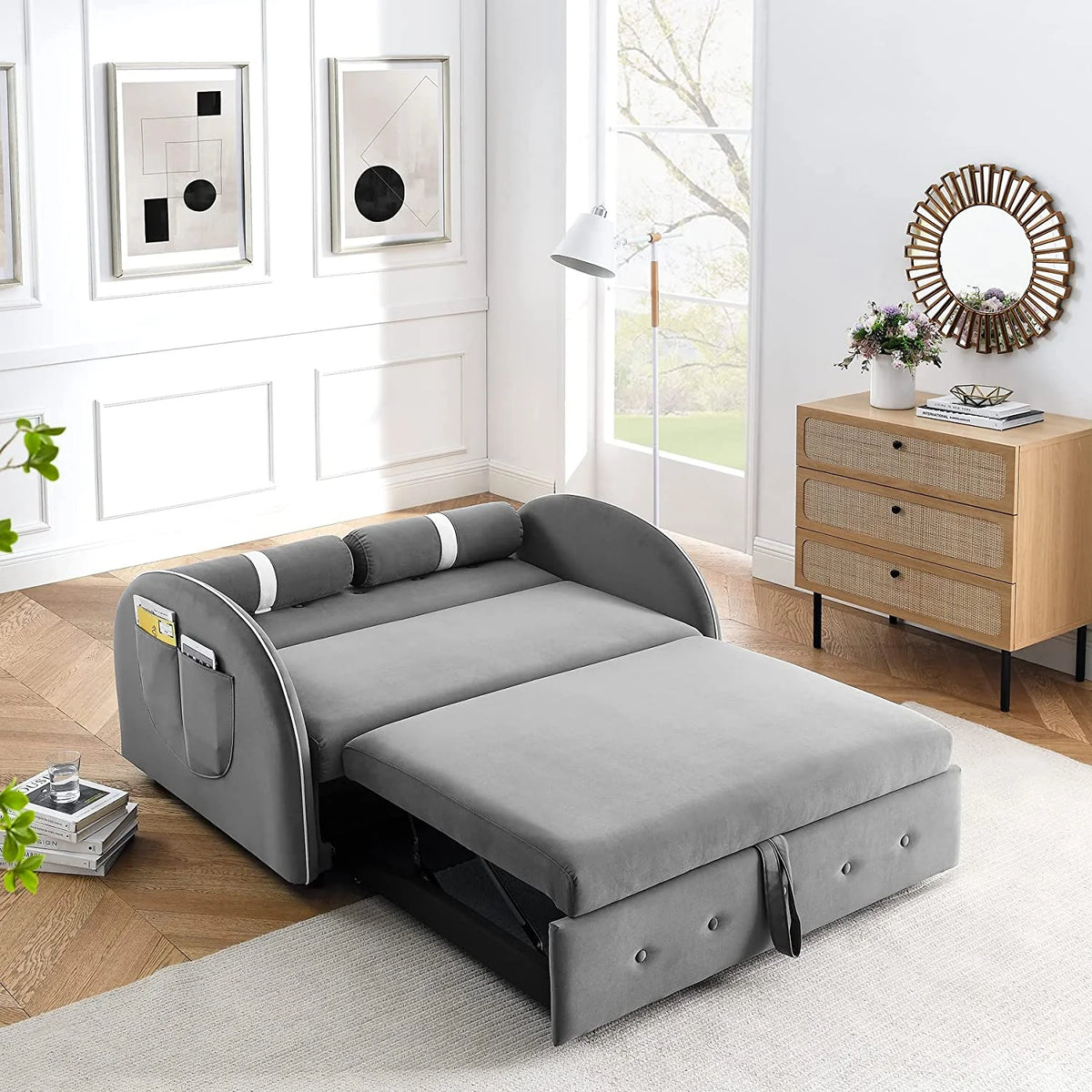 Grey Velvet Convertible Sleeper Sofa Bed with Lumbar Pillows F16199