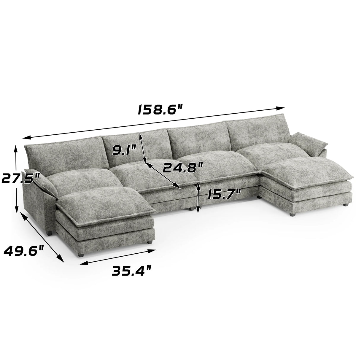 U-Shape 4 Seat Sectional Sofa with Chaise Lounge Gray P84535